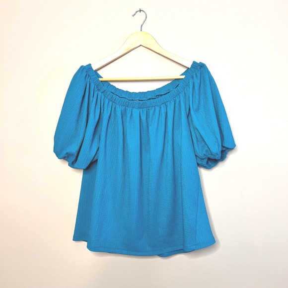 Anthropologie Tops - Anthropologie Off Shoulder Puff Sleeve Textured Teal Top M